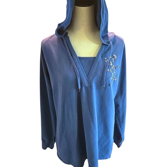 Artisan Women's XL Blue Pullover Drawstring Hoodie Floral Embroidery - Picture 6 of 11